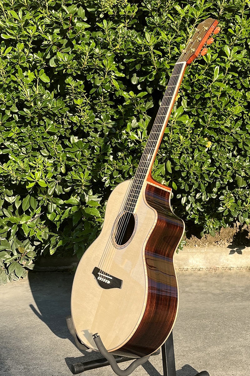 Armrest Design Jumbo Fingerstyle Curly Maple Inlaid Cutaway All Solid Acoustic Guitar