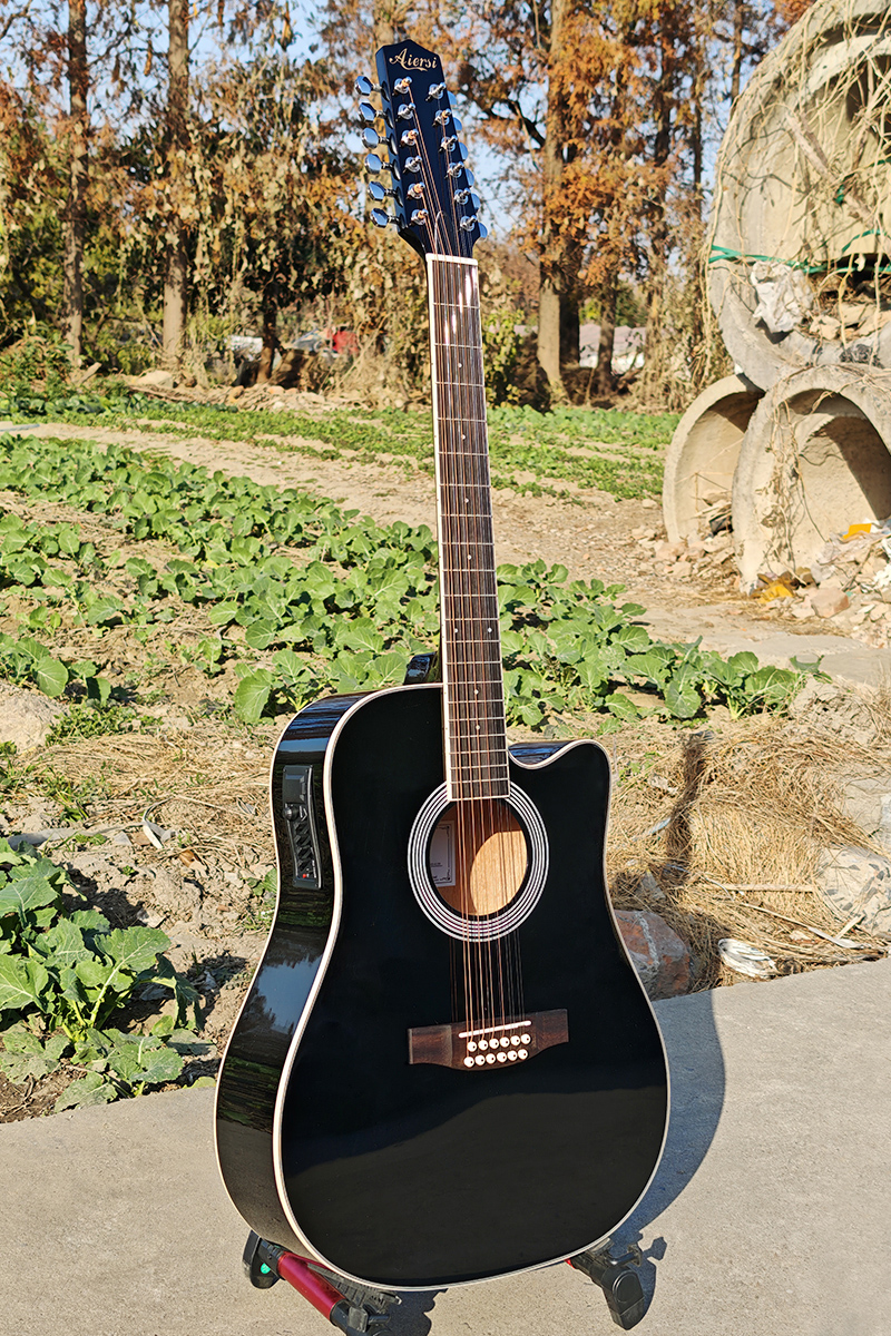 Glossy Black Colour 41 Inch Cutaway 12 String Electric Acoustic Guitar